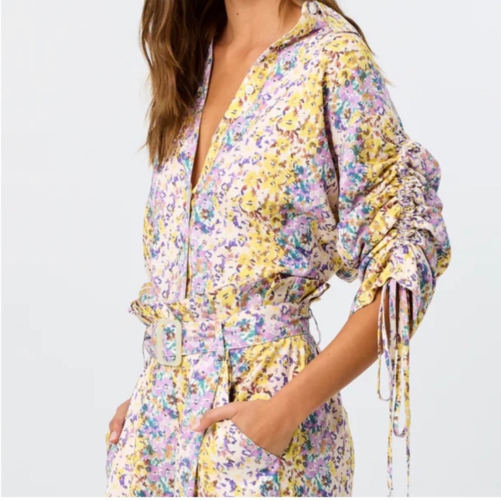 LaPorte Floral Resortwear Button Down Linen Blend Shirt Women Medium